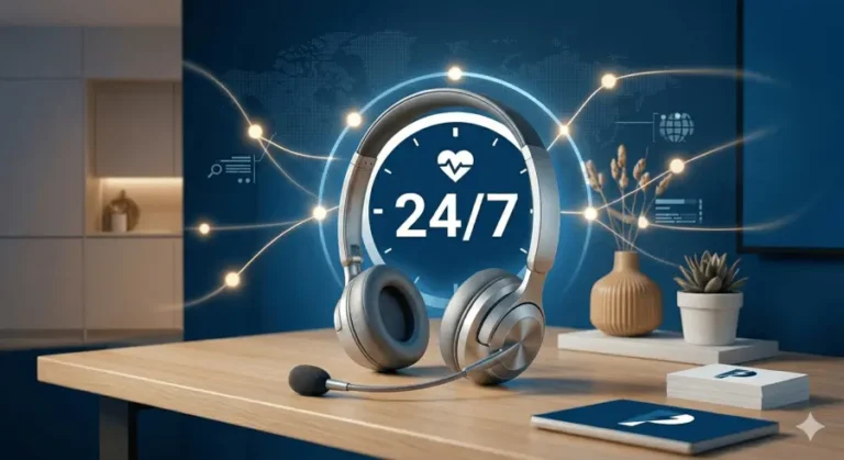Et profesjonelt hodesett på et skrivebord med et lysende «24/7»-ikon i bakgrunnen. Bildet symboliserer den døgnåpne og pålitelige kundeservicen man får med et IPTV-abonnement hos oss.