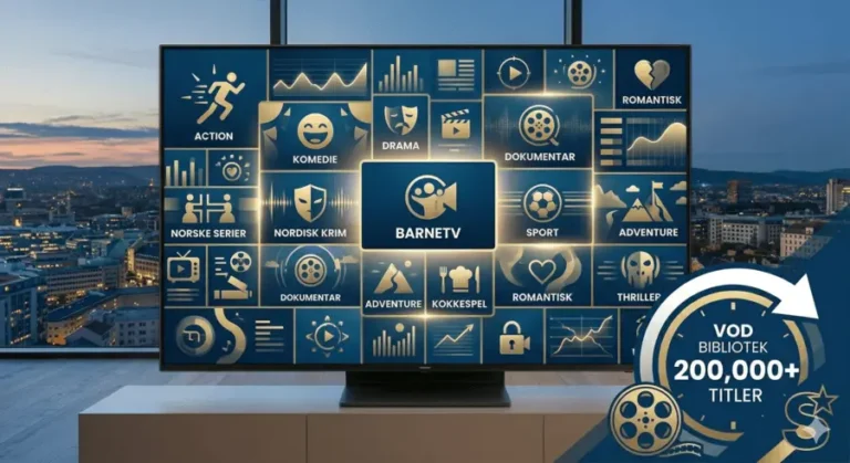 En Smart-TV som viser en dynamisk kollasj av filmplakater og serier, med et grafisk overlegg av en teller som viser '200,000+ titler'. Dette symboliserer det enorme og ubegrensede utvalget av innhold man får med et Nordic IPTV-abonnement.