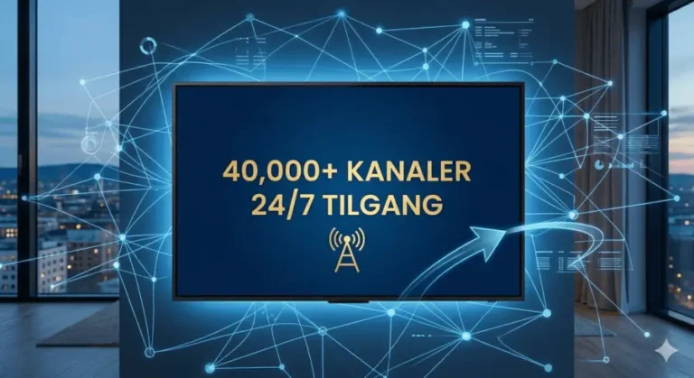 En moderne Smart-TV som viser et grafisk rutenett med teksten «40,000+ Kanaler» og «24/7 Tilgang». Bildet illustrerer det enorme utvalget av direktesendt TV og lynrask tilgang man får med IPTV i Norge.
