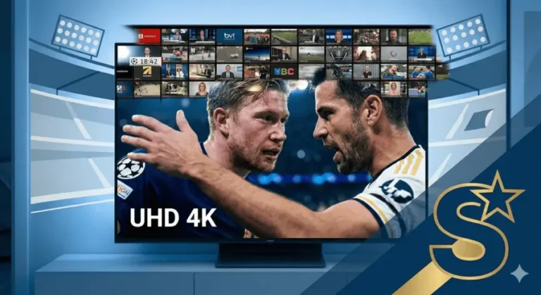 En Smart-TV som viser en intens fotballkamp i 4K-oppløsning med et tydelig «UHD 4K»-ikon. Bildet representerer den krystallklare og stabile sportsopplevelsen man får med IPTV Champions League i Norge.