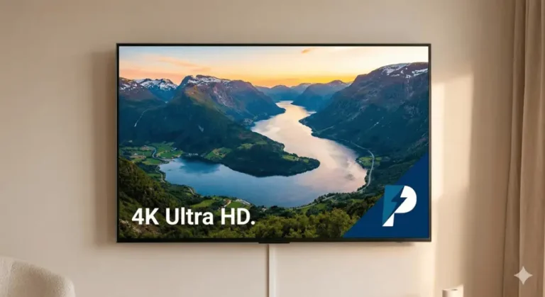 En stor, krystallklar Smart-TV på veggen som viser en levende 4K-scene av en norsk fjord ved solnedgang. Skjermen har et diskret «4K Ultra HD»-ikon, som representerer bildekvaliteten og stabiliteten man får med en premium IPTV-tjeneste i Norge.