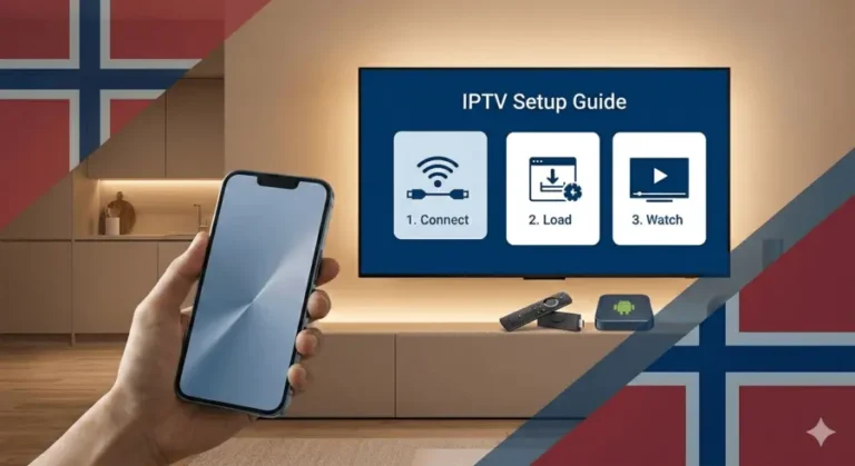 En hånd som holder en smarttelefon foran en TV som viser en enkel 3-stegs guide for oppsett av IPTV i Norge. Bildet illustrerer hvor raskt og enkelt det er å komme i gang med tjenesten på enheter som Firestick og mobil.